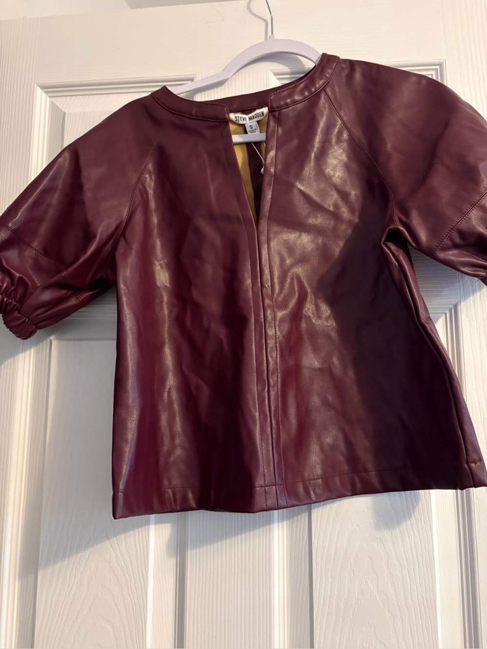 STEVE MADDEN Women's Faux Leather Short sleeve shirt— Burgundy